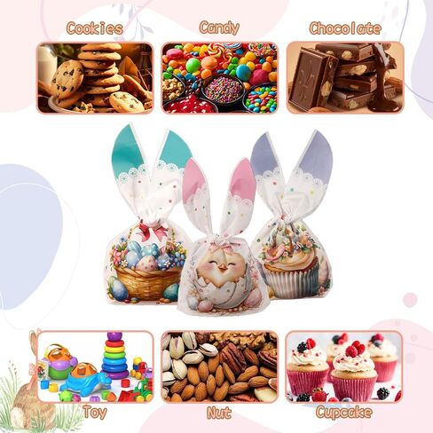 Easter Treat Bags, 50 PCS Easter Candy Bags, Easter Gift Bags, Easter Goodie Bags, Rabbit Ear Shape Plastic Easter Cookie Bags Snack Bags Goody Bags for Kids Easter Party Favor Supplies, 3 Styles in Kuwait