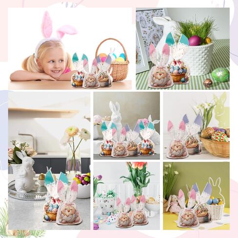 Easter Treat Bags, 50 PCS Easter Candy Bags, Easter Gift Bags, Easter Goodie Bags, Rabbit Ear Shape Plastic Easter Cookie Bags Snack Bags Goody Bags for Kids Easter Party Favor Supplies, 3 Styles in Kuwait