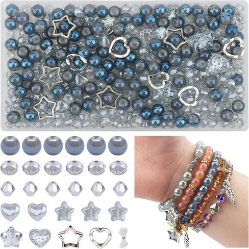484pcs Assorted Glass Beads for Jewelry Making, 8mm 6mm 4mm Crystal Beads for Bracelet Making Kit, Star Heart Loose Spacer Beads with DIY Charms for Jewelry Making Supplies (Light Blue Grey) in Saudi Arabia