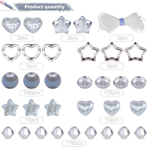 484pcs Assorted Glass Beads for Jewelry Making, 8mm 6mm 4mm Crystal Beads for Bracelet Making Kit, Star Heart Loose Spacer Beads with DIY Charms for Jewelry Making Supplies (Light Blue Grey) in Saudi Arabia