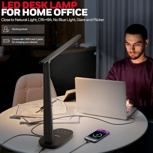 Honeywell Desk Lamp for Home Office, Dimmable LED Desk Light with USB A+C Dual Charging, 4 Modes Brightness Touch Lamp with Timer, Eye Caring Foldable Reading Light, Table Lamp for Study Nightstand in Saudi Arabia