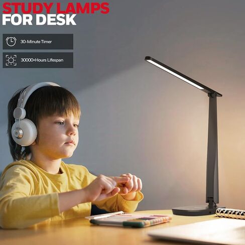 Honeywell Desk Lamp for Home Office, Dimmable LED Desk Light with USB A+C Dual Charging, 4 Modes Brightness Touch Lamp with Timer, Eye Caring Foldable Reading Light, Table Lamp for Study Nightstand in Saudi Arabia