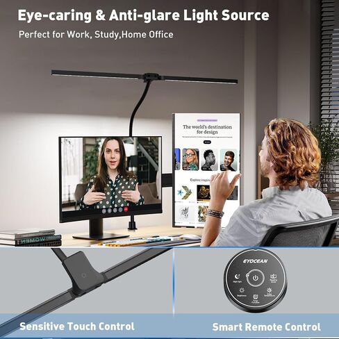 Desk Lamp with Clamp, 31.5" LED Desk Lamp for Home Office, 24W Double Head Desk Light, Dimmable & Color Temperature, Table Lamp with Remote Control, Brightest Computer Monitor Light in Saudi Arabia