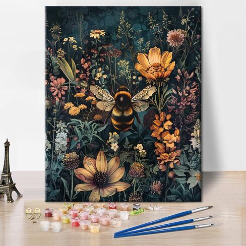 TUMOVO Vintage DIY Paint by Numbers for Adults, Vintage Floral with Wildflowers and Bumblebee Paint by Number Kits with Brushes and Pigment for Home Wall Decoration, Art Crafts, 16"x20" in Saudi Arabia