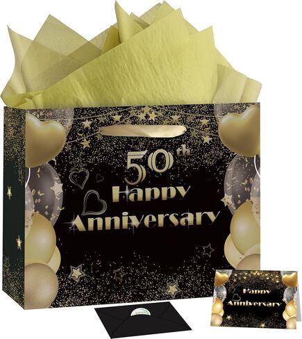 50th Anniversary Party Gift Bag, Happy 50th Anniversary Kraft Bag with Tissue Papers and Card & Envelope & Sticker, Wrap Gift Bag for 50th Golden Wedding in Kuwait