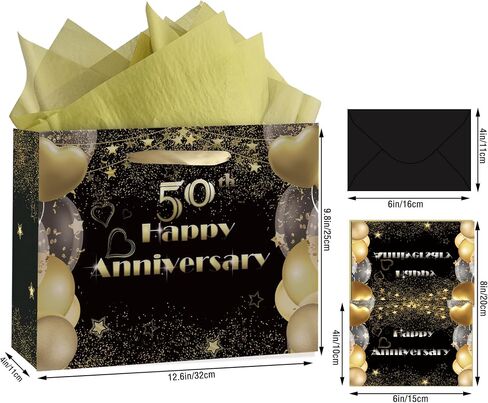 50th Anniversary Party Gift Bag, Happy 50th Anniversary Kraft Bag with Tissue Papers and Card & Envelope & Sticker, Wrap Gift Bag for 50th Golden Wedding in Kuwait