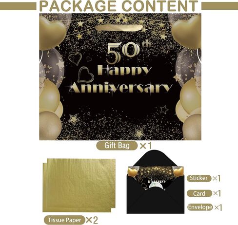 50th Anniversary Party Gift Bag, Happy 50th Anniversary Kraft Bag with Tissue Papers and Card & Envelope & Sticker, Wrap Gift Bag for 50th Golden Wedding in Kuwait