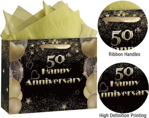 50th Anniversary Party Gift Bag, Happy 50th Anniversary Kraft Bag with Tissue Papers and Card & Envelope & Sticker, Wrap Gift Bag for 50th Golden Wedding in Kuwait