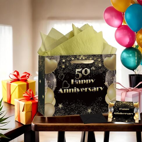 50th Anniversary Party Gift Bag, Happy 50th Anniversary Kraft Bag with Tissue Papers and Card & Envelope & Sticker, Wrap Gift Bag for 50th Golden Wedding in Kuwait