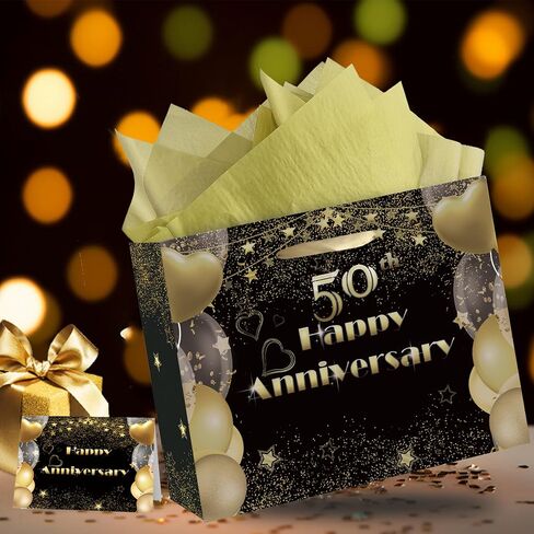 50th Anniversary Party Gift Bag, Happy 50th Anniversary Kraft Bag with Tissue Papers and Card & Envelope & Sticker, Wrap Gift Bag for 50th Golden Wedding in Kuwait