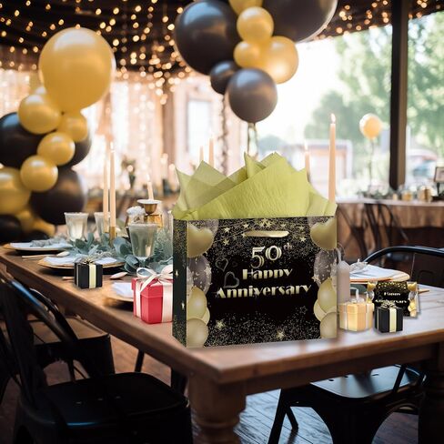 50th Anniversary Party Gift Bag, Happy 50th Anniversary Kraft Bag with Tissue Papers and Card & Envelope & Sticker, Wrap Gift Bag for 50th Golden Wedding in Kuwait