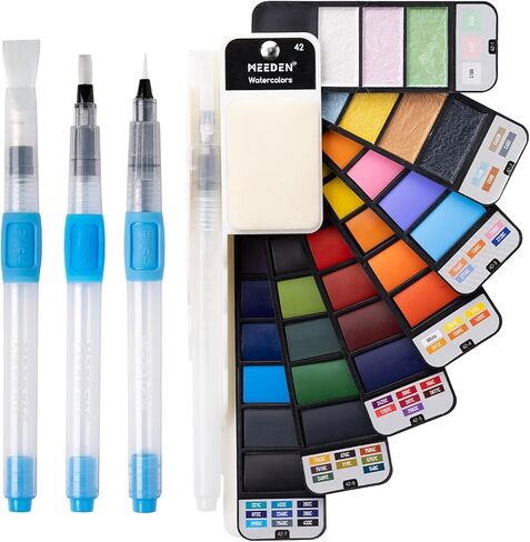 MEEDEN Travel Watercolor Paint Set: Portable 42 Assorted Water Colors Paint Kit with 4 Brushes in Kuwait