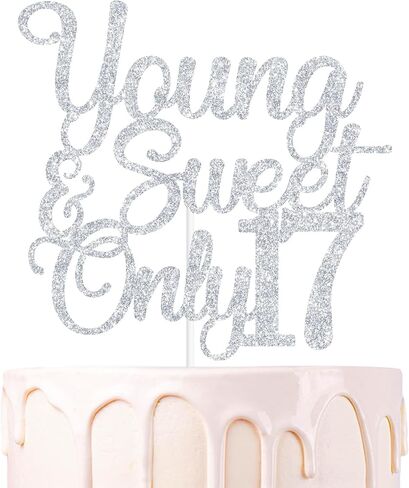 Sliver Glitter Young & Sweet Only 17 Cake Topper, Dancing Queen 17/Happy 17th Birthday/Holy Shit You're 17, Funny 17th Birthday Party Decorations in Kuwait