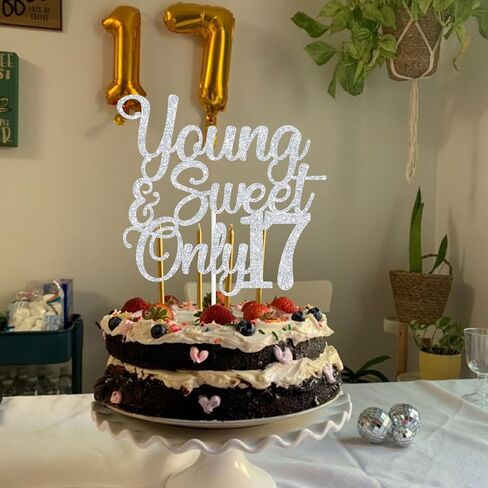 Sliver Glitter Young & Sweet Only 17 Cake Topper, Dancing Queen 17/Happy 17th Birthday/Holy Shit You're 17, Funny 17th Birthday Party Decorations in Kuwait