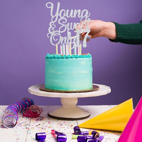 Sliver Glitter Young & Sweet Only 17 Cake Topper, Dancing Queen 17/Happy 17th Birthday/Holy Shit You're 17, Funny 17th Birthday Party Decorations in Kuwait