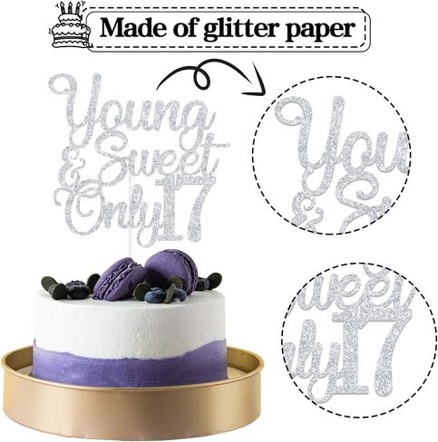 Sliver Glitter Young & Sweet Only 17 Cake Topper, Dancing Queen 17/Happy 17th Birthday/Holy Shit You're 17, Funny 17th Birthday Party Decorations in Kuwait