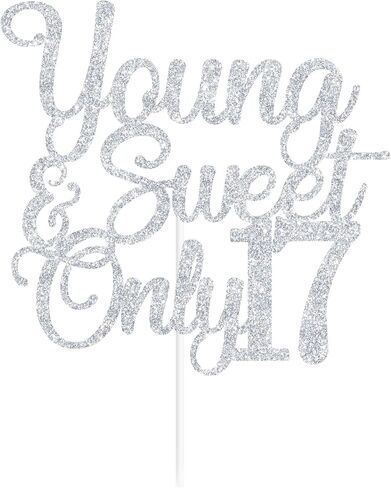 Sliver Glitter Young & Sweet Only 17 Cake Topper, Dancing Queen 17/Happy 17th Birthday/Holy Shit You're 17, Funny 17th Birthday Party Decorations in Kuwait