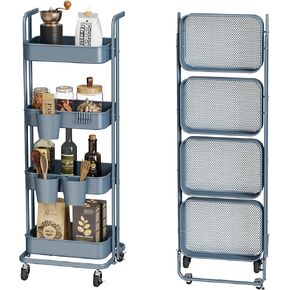 DTK 3 Tier Foldable Rolling Cart, Metal Utility Cart with Lockable Wheels, Folding Storage Trolley, 3 Small Baskets and 6 Hooks for Living Room, Kitchen, Bathroom, Bedroom and Office, White
