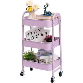 AGTEK Makeup Cart, Movable Rolling Organizer Cart, 3 Tier Metal Utility Cart with Lockable Wheels for Home & Office, Purple