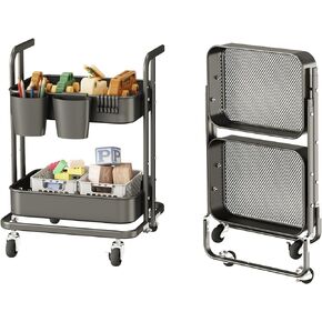 DTK 3 Tier Foldable Rolling Cart, Metal Utility Cart with Lockable Wheels, Folding Storage Trolley, 3 Small Baskets and 6 Hooks for Living Room, Kitchen, Bathroom, Bedroom and Office, White