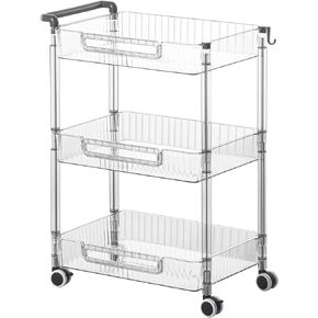 Clear 3-Tier Rolling Utility Cart Organizer with Wheels and Handle Detachable Slim Narrow Storage Trolley Book Cart for Laundry Bathroom Kitchen Living Room
