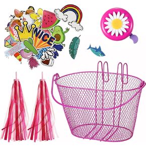 Kid's Bicycle Basket Streamers Set, Children's Bike Wire Mesh Basket with 2 Pieces Colorful Bike Streamers, Bell and 30 Pieces Stickers, Bicycle Decoration Accessories for Boys and Girls