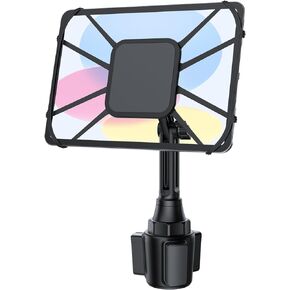 Cup Holder Tablet Mount for iPad, 12.21" Long Arm Height Adjustable for iPad Holder for Car, Silicone Holding Net and 360° Rotatable, Compatible with 7"-12.9'' Tablet Stand