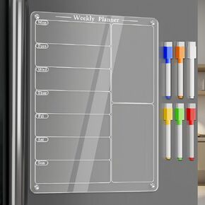 Acrylic Magnetic Menu Board for Kitchen,Acrylic Weekly Calendar for Fridge,Acrylic Dry Erase Board for Refrigerator,Clear Meal Planner for Fridge with 6 Magnetic Erasable Markers 8"x12"