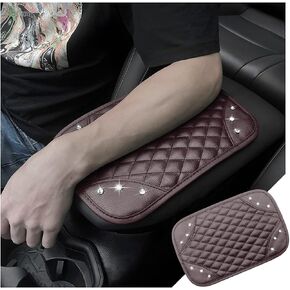 Car Armrest Seat Box Mat, Bling Crystal PU Leather Center Console Cover, Universal Waterproof Car Interior Accessories, Diamond Arm Rest Box Protector Cushion Pad for Most Vehicle (Black)