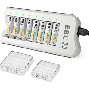 EBL Battery Charger with AA AAA Batteries - 8Bay Battery Charger and 4pcs AA Rechargeable Batteries 2800mAh & 4pcs AAA Battery NiMh Battery