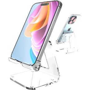 Acrylic Cell Phone Stand, Office Desk Accessories Clear Phone Stand for Desk, 4MM Acrylic Phone Holder, Compatible with Phone 15 14 Pro, Samsung S24 S23 Smartphones (1xPack)