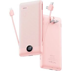 VRURC Slim Portable Charger with Wall Plug, 10000mAh Portable Charger Built in Cables,PD 20W Fast Charging Power Bank with Cords,USB C Portable Phone Charger for Multiple Devices -Black(1 Pack)