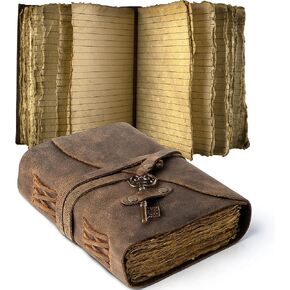 Vintage Leather Journal Lined Pages with Key - Antique Handmade Deckle Edge Vintage Paper Leather Bound Journal - Book of Shadows Journal - Leather Sketchbook - Drawing Journal - Great Gift