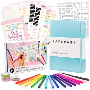 PAPERAGE Bullet Journal Kit, Dotted Journaling Set & Stationary Kit, Hardcover Dotted Journal Notebook (Raspberry), 12 fineliner Pens, 8 Sticker & 3 Stencil Sheets, 6 Washi Tapes