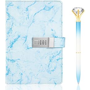 Zonon Diary with Lock Marble PU Leather A5 Journal Combination Lock Secret Personal with Diamond Pen(Blue)