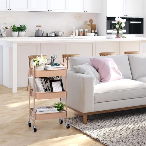 AGTEK Makeup Cart, Movable Rolling Organizer Cart, 3 Tier Metal Utility Cart with Lockable Wheels for Home & Office, Purple in Kuwait