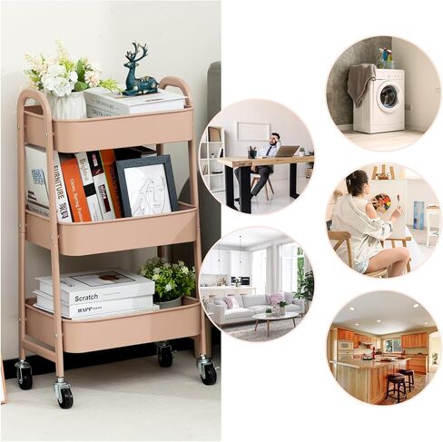 AGTEK Makeup Cart, Movable Rolling Organizer Cart, 3 Tier Metal Utility Cart with Lockable Wheels for Home & Office, Purple in Kuwait