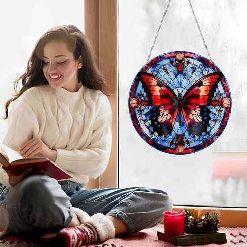 11.8'' Large Acrylic Stained Glass Window Hanging Decor,Stained Glass Window Hangings Kits Wall Art,Sun Catchers Indoor Window,Monarch Butterfly Decorations Suncatchers for Windows Hanging in Saudi Arabia