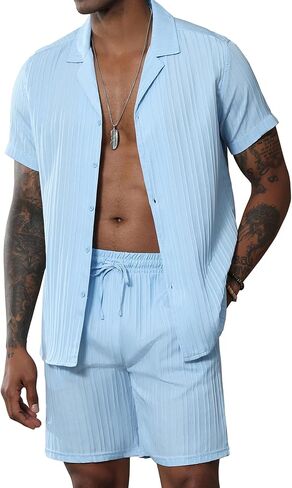 Men's 2 Pieces Short Sets Casual Short Sleeve Button Down Textured Shirts Sets Summer Beach Vacation Outfits in Saudi Arabia