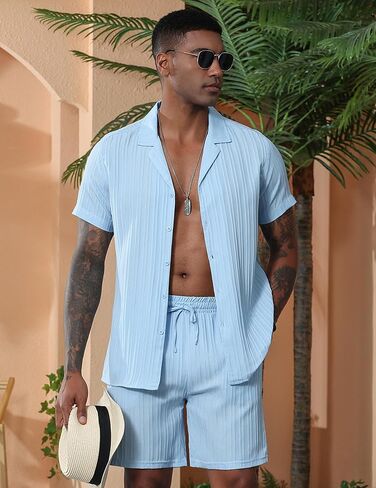 Men's 2 Pieces Short Sets Casual Short Sleeve Button Down Textured Shirts Sets Summer Beach Vacation Outfits in Saudi Arabia