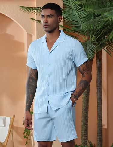 Men's 2 Pieces Short Sets Casual Short Sleeve Button Down Textured Shirts Sets Summer Beach Vacation Outfits in Saudi Arabia