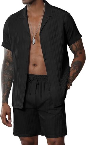 Men's 2 Pieces Short Sets Casual Short Sleeve Button Down Textured Shirts Sets Summer Beach Vacation Outfits in Saudi Arabia