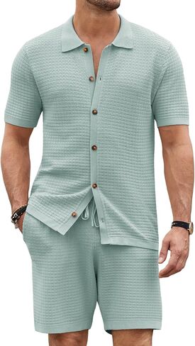COOFANDY Men's 2 Piece Short Sets Casual Button Down Shirt and Shorts Set Knit Polo Set Vintage Summer Beach Outfits in Saudi Arabia