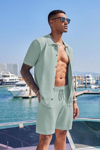 COOFANDY Men's 2 Piece Short Sets Casual Button Down Shirt and Shorts Set Knit Polo Set Vintage Summer Beach Outfits in Saudi Arabia