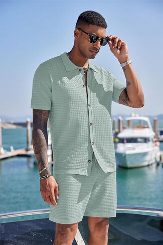 COOFANDY Men's 2 Piece Short Sets Casual Button Down Shirt and Shorts Set Knit Polo Set Vintage Summer Beach Outfits in Saudi Arabia