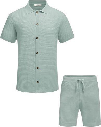 COOFANDY Men's 2 Piece Short Sets Casual Button Down Shirt and Shorts Set Knit Polo Set Vintage Summer Beach Outfits in Saudi Arabia