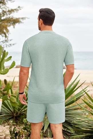 COOFANDY Men's 2 Piece Short Sets Casual Button Down Shirt and Shorts Set Knit Polo Set Vintage Summer Beach Outfits in Saudi Arabia