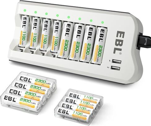 EBL AA AAA Battery Charger, 8 AA 2300mAh & 8 AAA 1100mAh NiMH, 2 USB Ports | 8-Bay AA AAA Individual Dual USB ports charge your phone while AA & AAA batteries power remotes, cameras, flashlights, toys in Kuwait