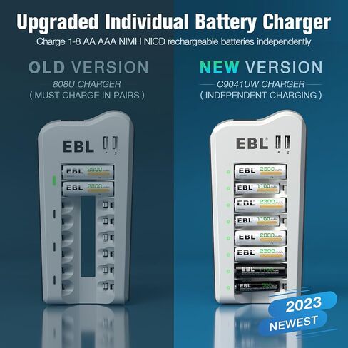 EBL AA AAA Battery Charger, 8 AA 2300mAh & 8 AAA 1100mAh NiMH, 2 USB Ports | 8-Bay AA AAA Individual Dual USB ports charge your phone while AA & AAA batteries power remotes, cameras, flashlights, toys in Kuwait