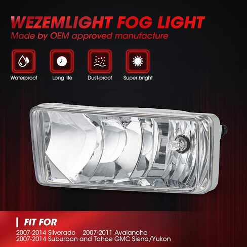 Driving Fog Light Assembly Replacement For 2008-2014 Chevy Silverado 2007-2011 Avalanche 2007-2014 Suburban and Tahoe GMC Sierra/Yukon With H16 12V 19W Halogen Bulbs​(Clear Lens) in Kuwait